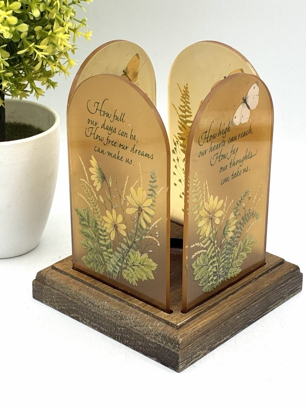 Vintage Acrylic Panel Candle Holder Lantern Butterfly Botanical Quote 1970s
